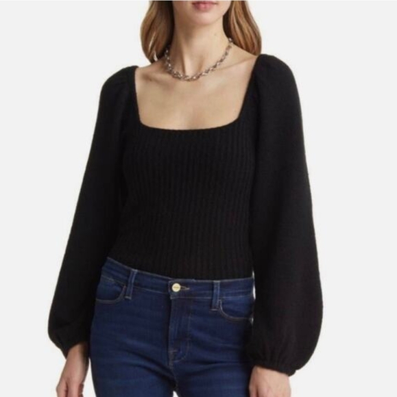 Halogen Puff Sleeve Square Neck Wool Blend Black Sweater 3X - Picture 1 of 7